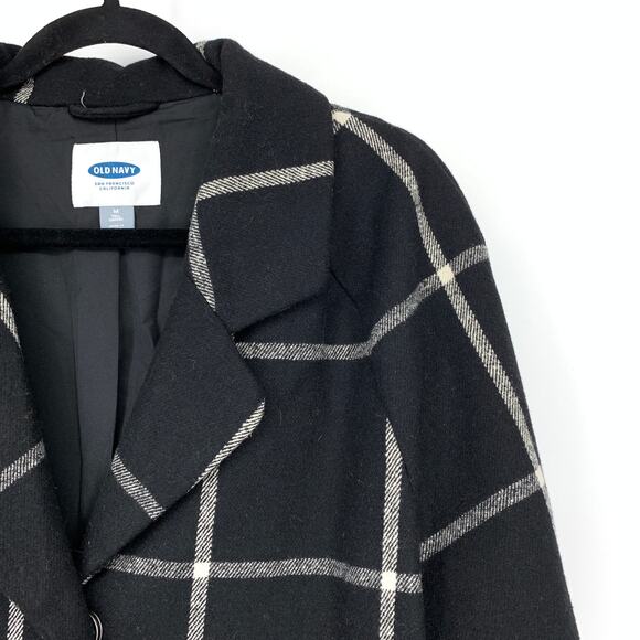 Old Navy Peacoat Womens Size Medium Tall Black Gray Windowpane Wool Blend Coat - Picture 3 of 6